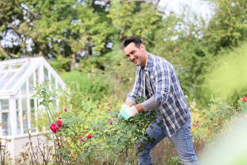 Gardener working in a well-maintained Tooting garden with optimal sunlight