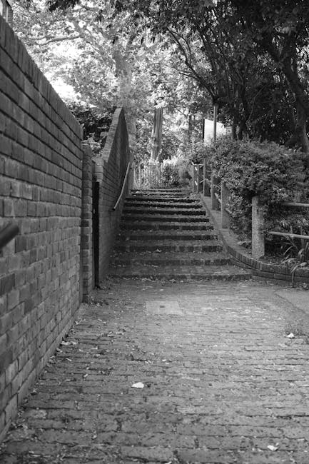 A black-and-white photograph of a garden pathway leading up a short flight of stone steps, flanked by a high brick wall on the left and a landscaped area with shrubs and small trees on the right. The 